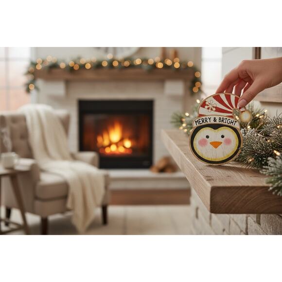 Merry & Bright Penguin Wooden Sign | Christmas Decor | Holiday Winter Home Decor - Picture 7 of 7
